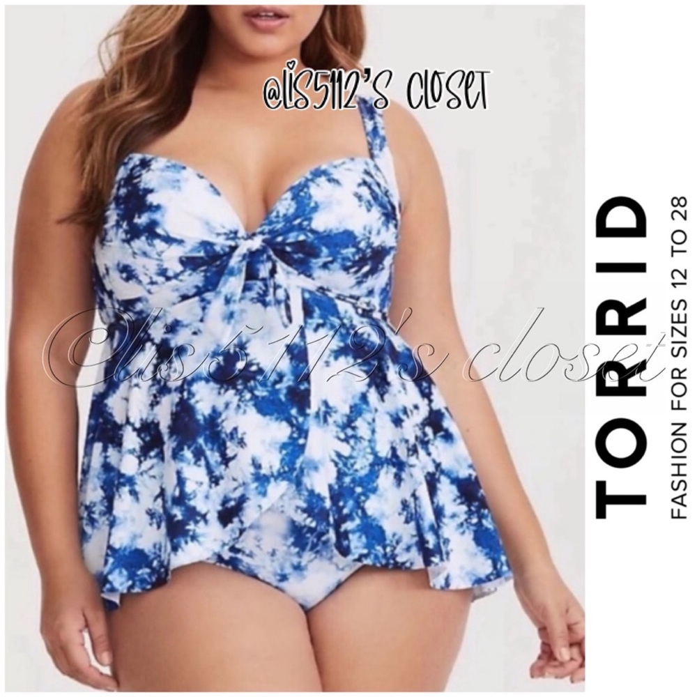 Torrid Blue & White Tie-Dye Wireless Push-Up One Piece Swim Dress Swimsuit 3X